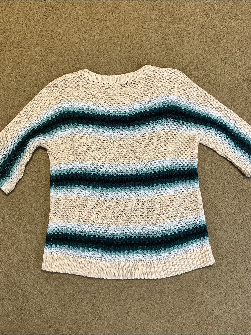 J. Jill Cream Open-Knit Swim Coverup Top Teal Dark Green Stripes Linen Blend SM